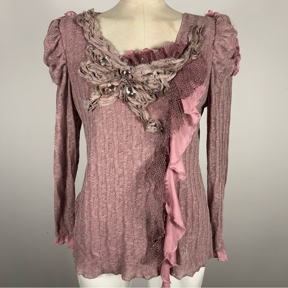 Pretty angel linen blend Elegant Pink Ruffled Women's Top S - Picture 1 of 10